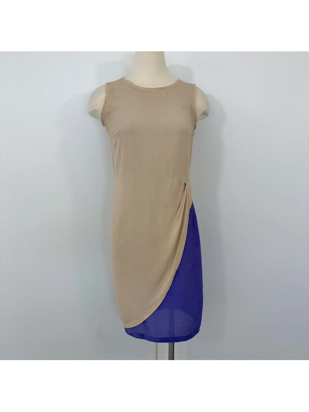 💜 Fendi 100% Silk Asymmetric Layered Dress IT 40 Beige & Purple Made in Italy